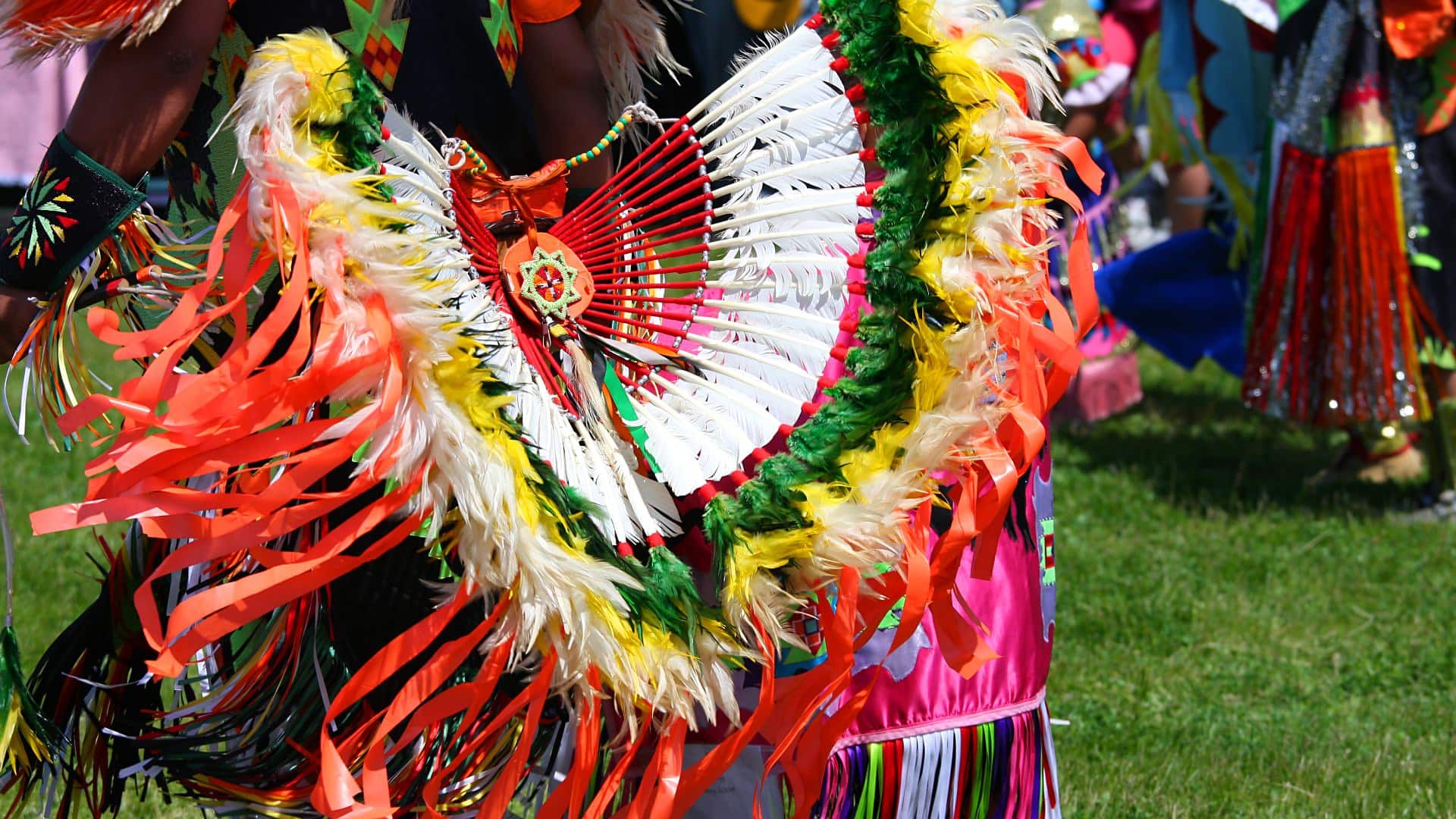 Close up view of Native American costume with colorful beads and feathers